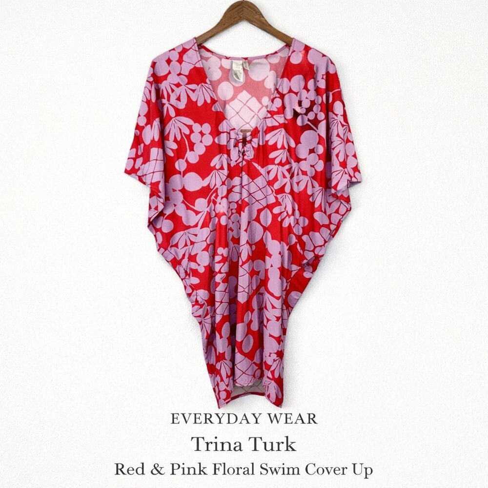 Trina Turk Red Pink Floral Ring Detail Swim Cover Up Kaftan Tunic M
